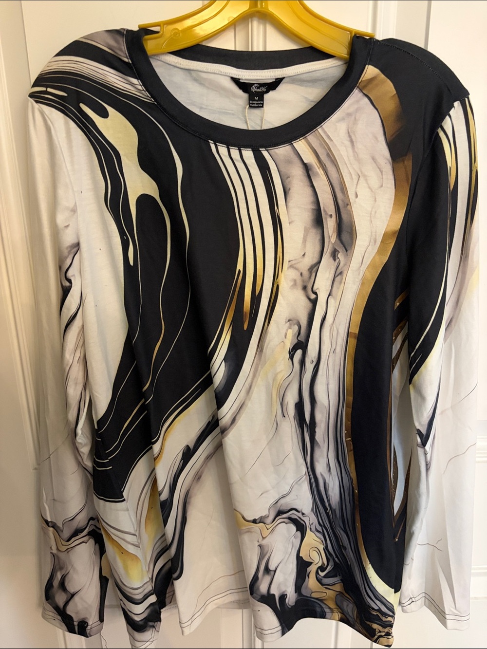 Apt. 9 Women's Marble-Swirl Long Sleeve Top in Black, White & Gold